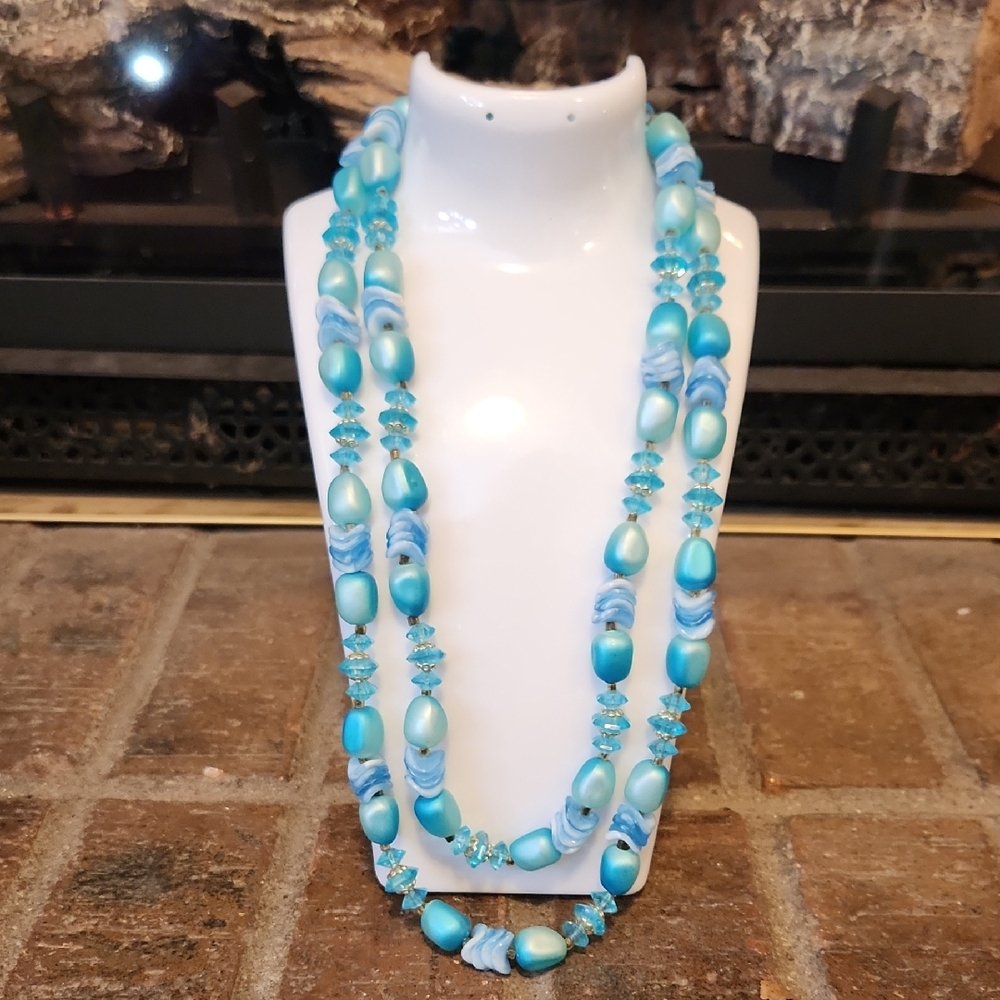 Vintage Hong Kong Turquoise Blue Double Strand Necklace Fairy Whimsy MCM Floral